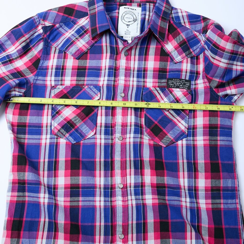 Diesel Plaid Pearl Snaps Long Sleeve Shirt Western Cowboy Men's Medium Pink Blue - Picture 7 of 8